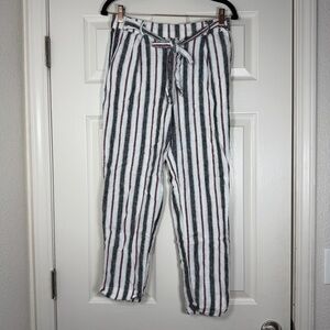 Love Tree Striped Lightweight Linen Blend Belted Crop Straight Leg Pants Large